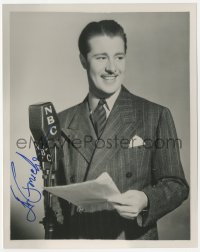 3f1009 DON AMECHE signed 8x10 REPRO still 1980s standing by NBC radio microphone with script in hand!