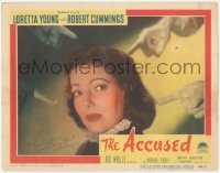 3f0107 ACCUSED signed LC #6 1949 by Loretta Young, who's surrounded by accusing fingers!