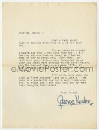 3f0383 GEORGE NADER signed letter 1954 apologizing for delay while making Six Bridges to Cross!