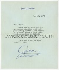 3f0389 JOAN CRAWFORD signed letter 1972 she doesn't mind birthdays because she hears from friends!