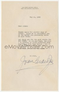 3f0388 JOAN CRAWFORD signed letter 1939 thanking a friend for hoping The Women is a big success!