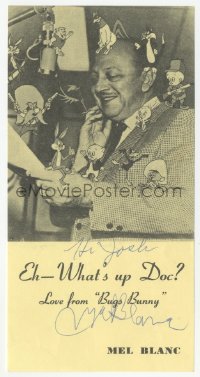 3f0471 MEL BLANC signed 4x7 promo paper 1970s wonderful portrait with his famous cartoon characters!