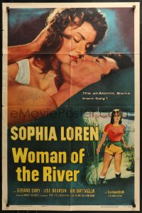 3f0088 WOMAN OF THE RIVER signed 1sh 1956 by Sophia Loren, great close up of her kissing, rare!