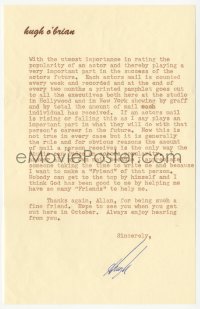 3f0385 HUGH O'BRIAN signed letter 1953 about to make Saskatchewan with Alan Ladd, who he admires!