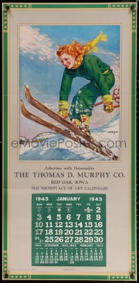 3h0004 CALENDAR SAMPLE calendar 1943 Snow Queen, Ellen Barbara Segner art of happy woman skiing!