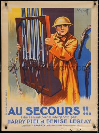 3h1101 AU SECOURS French 24x32 1925 art of soldier Harry Piel carrying gun rack by Gaillant!