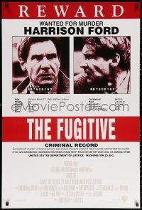 3h0357 FUGITIVE recalled int'l 1sh 1993 Harrison Ford is on the run, cool wanted poster design!