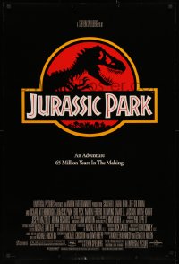 3h0407 JURASSIC PARK DS 1sh 1993 Steven Spielberg, classic logo with T-Rex over red background
