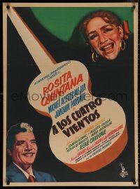 3h0679 A LOS CUATRO VIENTOS Mexican poster 1955 Rosita Quintana, Miguel Aceves Mejia, guitar art!