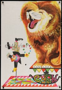 3h0040 CYRK Polish 26x39 1975 cool art of clown, cane and lion by St. Tomaszewski-Miedza!