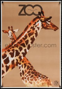 3h0045 WARSAW ZOO Polish 27x38 1979 cute Waldemar Swierzy art of two giraffes!
