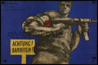 3h0839 ATTENTION BANDITS Polish 23x34 1955 art of man holding machine gun by Julian Palka!