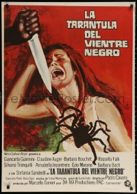 3h0956 BLACK BELLY OF THE TARANTULA Spanish 1974 art of huge spider, terrified girl attacked by knife!