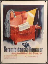 3h0021 BEROMTE DANSKE ROMANER 21x28 Danish advertising poster 1950s art of gift on man's chair!