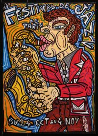 3h0166 FESTIVAL DE JAZZ DE PARIS 16x22 French music poster 1989 Ombois art of man playing saxophone!