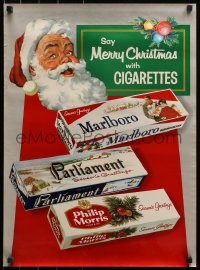 3h0027 SAY MERRY CHRISTMAS WITH CIGARETTES 19x26 advertising poster 1950s art of Santa & cigs!