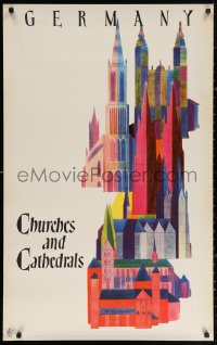 3h0133 GERMANY CHURCHES & CATHEDRALS 25x40 German travel poster 1950s colorful artwork of buildings!