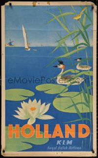 3h0136 KLM HOLLAND 26x41 Dutch travel poster 1940s birds on lake with windmill & sailboat!