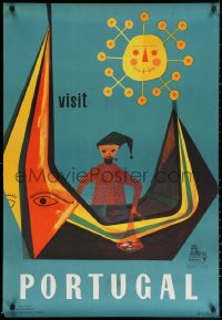 3h0148 VISIT PORTUGAL 27x39 Portuguese travel poster 1953 fisherman in colorful boat by Rodrigues!