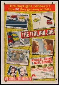 3j0033 ITALIAN JOB linen Aust 1sh 1969 Michael Caine crime classic, completely different art, rare!
