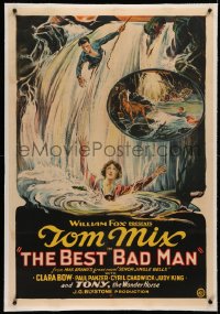 3j0201 BEST BAD MAN linen 1sh 1925 great art of Tom Mix rescuing drowning Clara Bow, ultra rare!