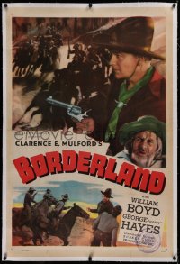 3j0214 BORDERLAND linen 1sh R1946 cowboy William Boyd as Hopalong Cassidy with gun, Gabby Hayes!