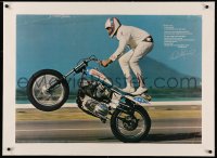 3j0095 EVEL KNIEVEL linen 24x34 commercial poster 1973 greatest daredevil standing on motorcycle!