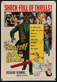 3j0233 CREATURE WITH THE ATOM BRAIN linen 1sh 1955 cool sci-fi art of dead man stalking his prey!