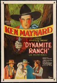 3j0254 DYNAMITE RANCH linen 1sh 1932 wonderful art of cowboy Ken Maynard pointing gun!