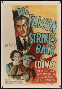 3j0261 FALCON STRIKES BACK linen 1sh 1943 cool art of Tom Conway as The Falcon + Randolph & Edwards!