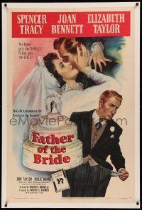 3j0263 FATHER OF THE BRIDE linen 1sh 1950 art of Liz Taylor in wedding gown & broke Spencer Tracy!
