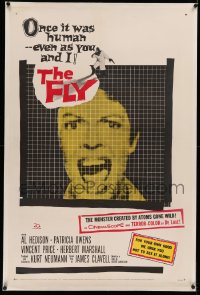 3j0276 FLY linen 1sh 1958 classic sci-fi, c/u of Patricia Owens screaming as seen through fly's eyes!