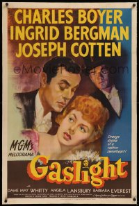 3j0288 GASLIGHT linen 1sh 1944 art of Ingrid Bergman, Charles Boyer & Joseph Cotten, very rare!