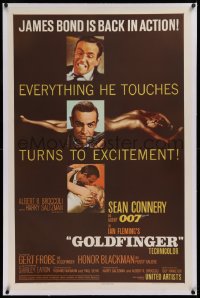 3j0295 GOLDFINGER linen 1sh 1964 three great images of Sean Connery as James Bond 007 with a flat finish!