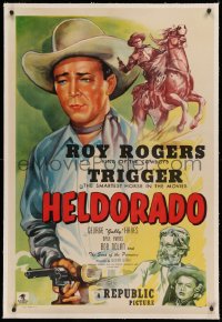 3j0309 HELDORADO linen 1sh 1946 great art of Roy Rogers with smoking gun + Dale Evans & Gabby Hayes!