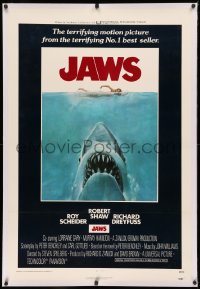 3j0322 JAWS linen int'l 1sh 1975 Kastel art of Spielberg's man-eating shark attacking sexy swimmer!