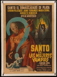 3j0060 SANTO VS LAS MUJERES VAMPIRO linen Mexican poster 1962 cool Mendoza masked wrestler art, rare!