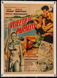 3j0061 VUELTA AL PARAISO linen Mexican poster 1960 Lilia Prado, Montesco, art of sexy people on beach!
