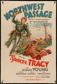 3j0369 NORTHWEST PASSAGE linen style C 1sh 1940 stone litho of Spencer Tracy & Robert Young, rare!