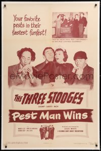 3j0385 PEST MAN WINS linen 1sh 1951 Three Stooges Moe, Larry & Shemp in their fastest funfest!