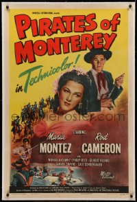 3j0387 PIRATES OF MONTEREY linen 1sh 1947 great art of sexy Maria Montez & Rod Cameron with gun!