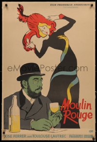 3j0025 MOULIN ROUGE linen Polish 23x34 1957 great Jagodzinski art of Ferrer as Toulouse-Lautrec, rare!