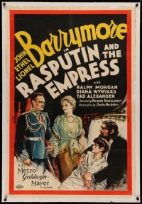 3j0399 RASPUTIN & THE EMPRESS linen style D 1sh 1932 three Barrymores, John, Ethel & Lionel, rare!