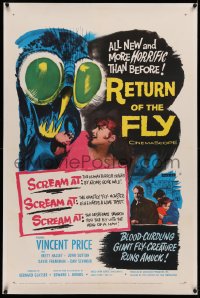 3j0406 RETURN OF THE FLY linen 1sh 1959 Vincent Price, cool monster art, more horrific than before!