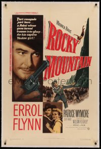 3j0416 ROCKY MOUNTAIN linen 1sh 1950 great close up of part renegade part hero Errol Flynn with gun!