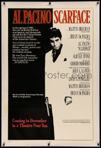 3j0420 SCARFACE linen December advance 1sh 1983 Al Pacino as Tony Montana, De Palma, Stone, rare!