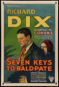 3j0427 SEVEN KEYS TO BALDPATE linen 1sh 1929 art of shadow menacing Richard Dix & Seegar, ultra rare!