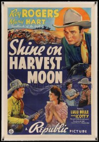 3j0428 SHINE ON HARVEST MOON linen 1sh 1938 great artwork of Roy Rogers with guns & guitar!