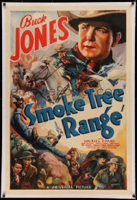 3j0432 SMOKE TREE RANGE linen 1sh 1937 cool montage art of cowboy Buck Jones in western action, rare!