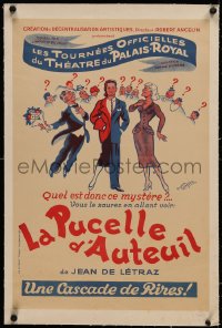 3j0102 LA PUCELLE D'AUTEUIL linen 16x24 French stage poster 1950s Cartier art of half man/half woman!